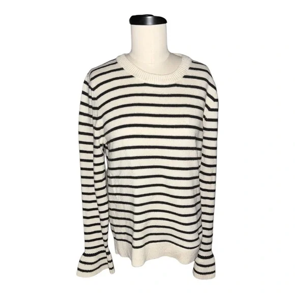 J. Crew Black & Cream Striped Bell Sleeve Ruffle Cuff Sweater