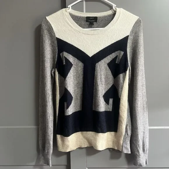 J.Crew Women Intarsia Colorblock Geometric Knit Sweater Medium Academia