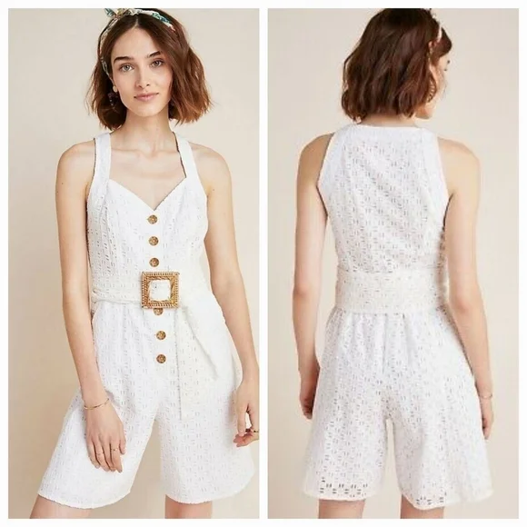Anthropologie Belted Eyelet Romper in Ivory size 6 NWT