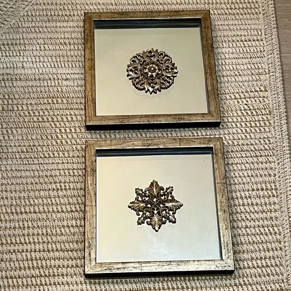 Shadow Box Mirror Art Framed Wall Decor Set of 2 in Antique bronze gold
