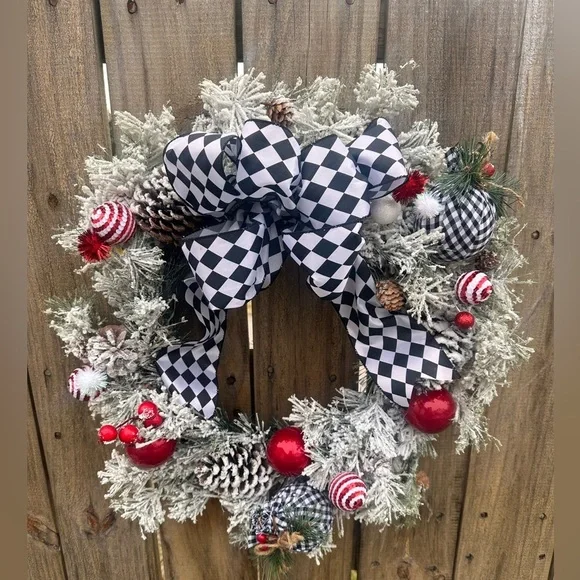 Handmade flocked Black and White Checkered Holiday Wreath 20