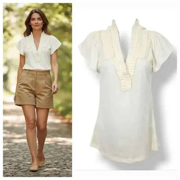 NEW Vintage Y2K Banana Republic Ruffle Pleat Flutter Sleeve Top In Ivory Size XS