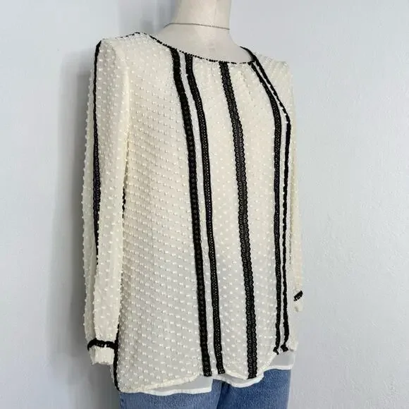 J.Crew Silk Blend Dot Texture Blouse Black Ivory Button Back Puff Sleeve SZ 8