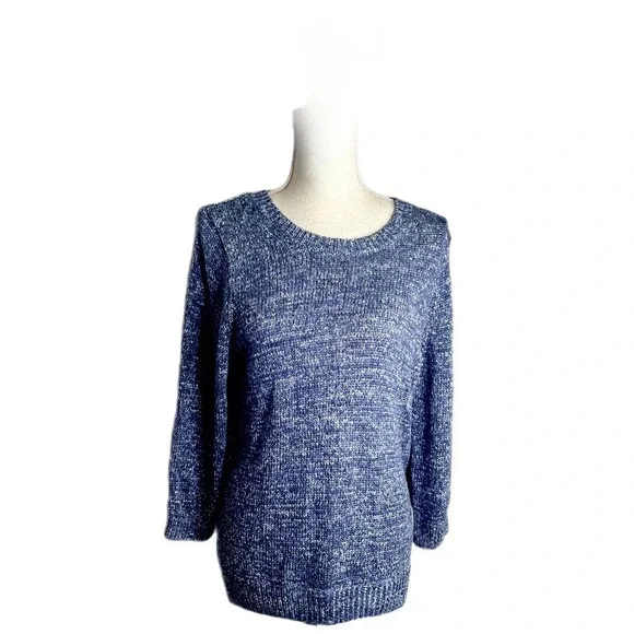 J. Crew Large Women Pullover Sweater Crew Neck 3/4 Sleeve blue and white