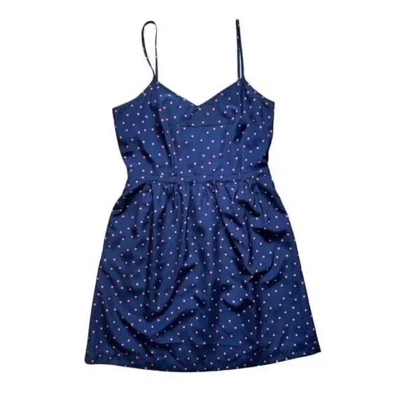 J.Crew Polka Dot Midi Dress Blue Pink‎ Size 8 Sweetheart Spaghetti