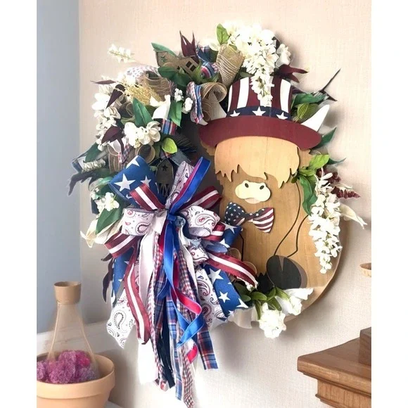 Grand Patriotic Highland‎ Cow Wreath Patriotic Americana Decor