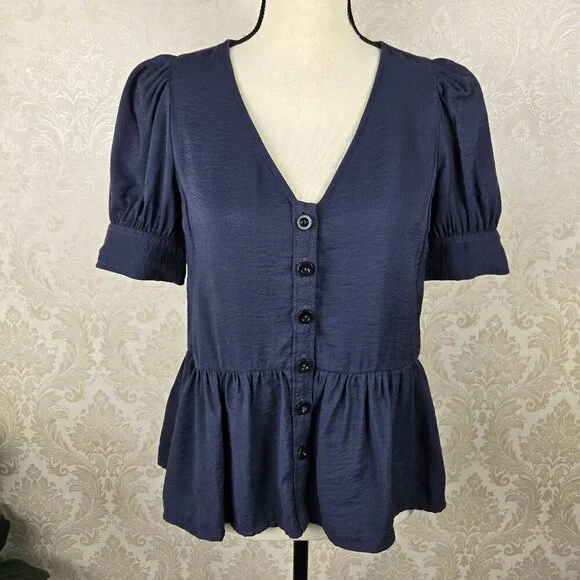 Madewell Size Small Navy Blue Peplum Top Puff Sleeves Vneck Button Front