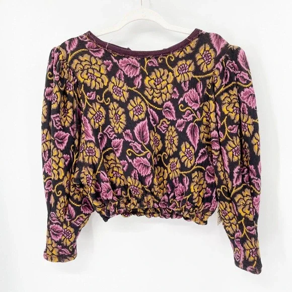 NWT Free People No Ordinary Top Tapestry Crop Blouse Sz XS Purple‎ Tie Puff Slv