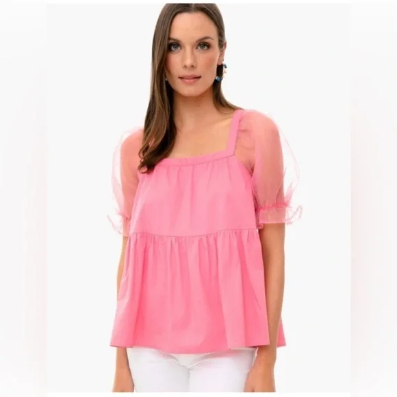 Tuckernuck X Pomander Place | Pink Tinsley Sheer‎ Puff Sleeve Top Size Medium