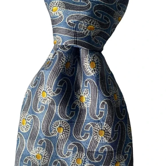 Ermenegildo Zegna Men's Tie 100% Silk Made in Italy Blue Gray Yellow 57