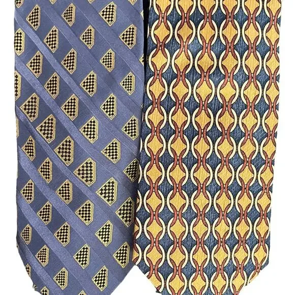 Lands' End Men's Ties Set Of Two 100% Silk Neck Ties Geometric‎ Blue Yellow EUC