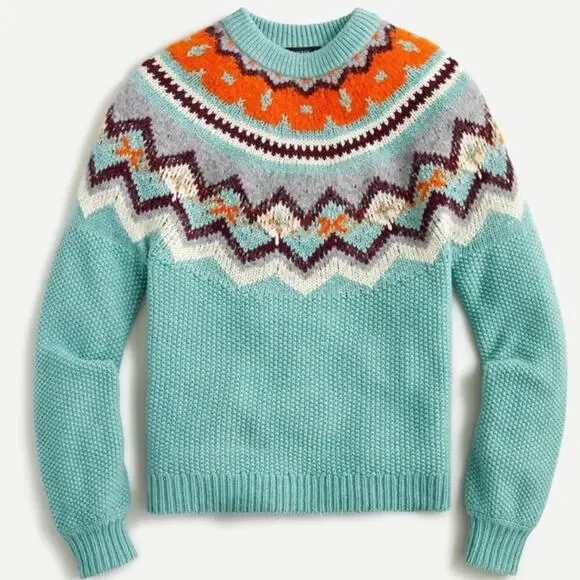 J.Crew Zigzag Fair Isle Sweater Lambswool Blend In Aqua Women's XXS