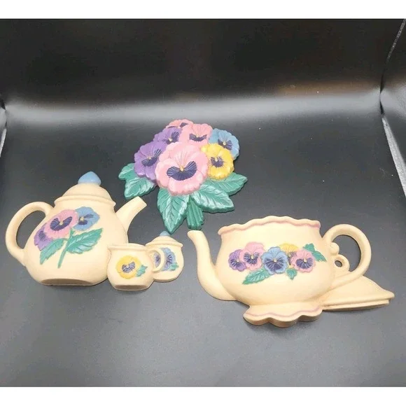 Vintage Burwood Pansy Flower & Teapot Wall Hanging Plaques