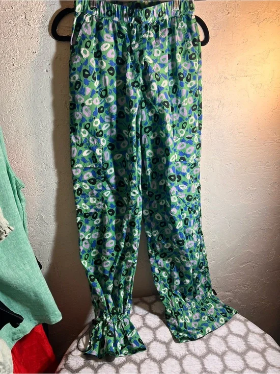 Diane Von Furstenberg Green Purple Floral balloon cargo barrel joggers Y2K S