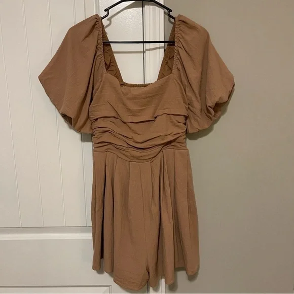 VICI Tan Smocked Puff Sleeve Romper