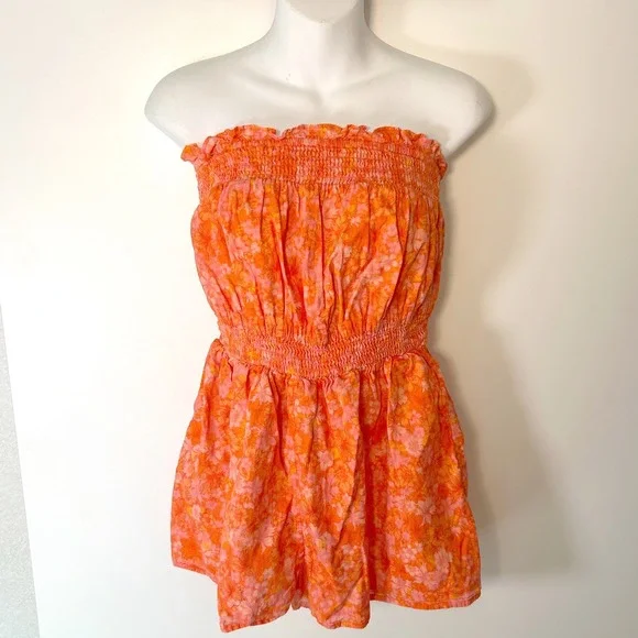 Revolve RESTON ROMPER Size XS Mitsy Ditsy Floral Orange Pink Cotton Strapless