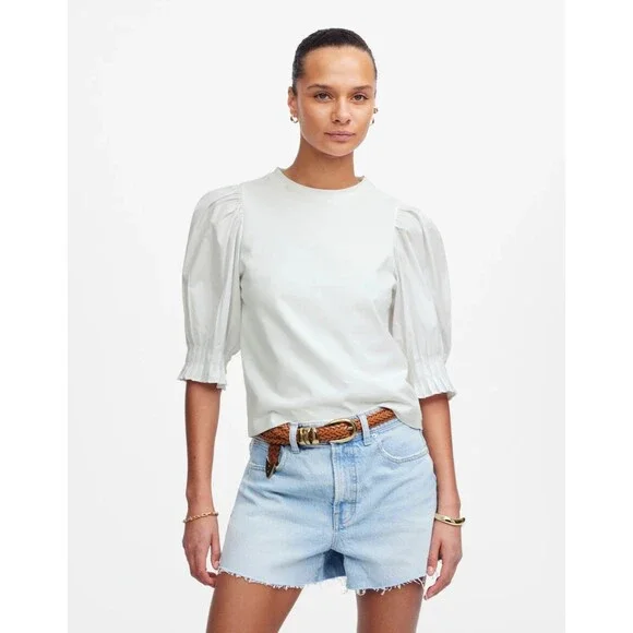 Madewell XXS Puff Half Sleeve Knit Top White Cotton Poplin Pleated Crewneck NWT