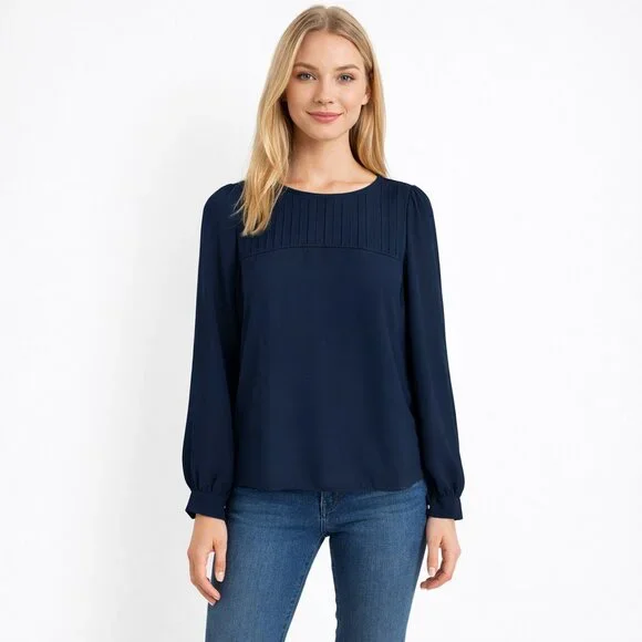 2/$30 LOFT Petite Sheer Pleated Puff Sleeve Blouse Black XSP #A1700