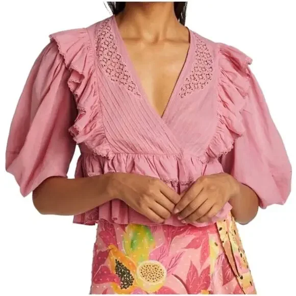 Farm Rio Blush Pink Puff Sleeve V-Neck Cropped Bohemian Blouse Size XS