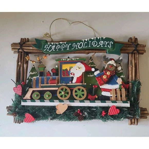 Santa‎ Christmas Door Wall Window Sign Wood Vintage Wreath Happy Holidays Decor