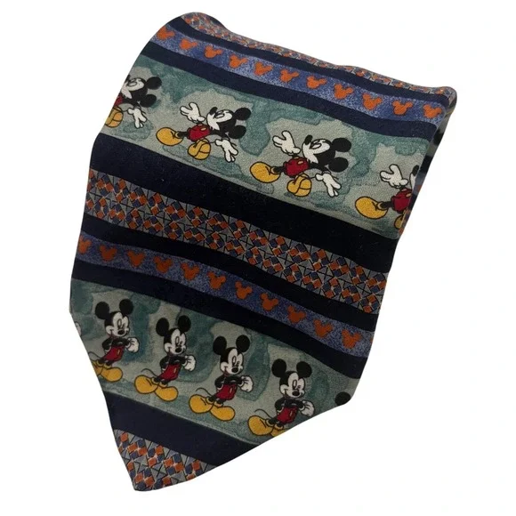 VTG Mickey Mouse Silk Tie Italy Navy Blue‎ Green 61x3.75