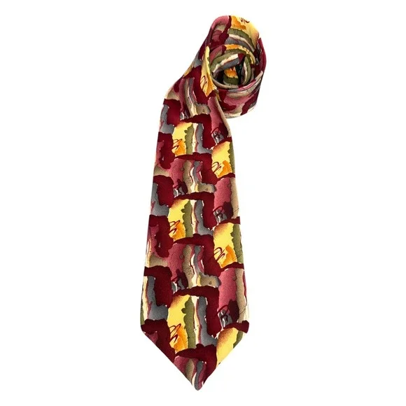J. Garcia Mens Silk Necktie Abstract Watercolor Burgundy Gold Green Art Tie