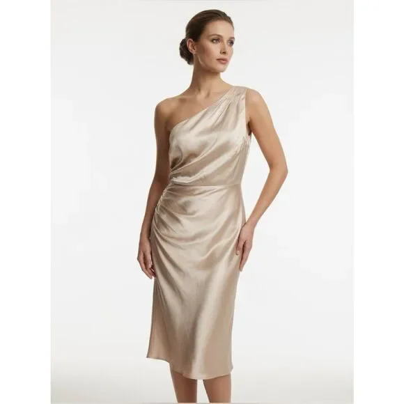 J. Crew One-Shoulder Satin Dress in Champagne Blush 100% Silk SZ 10