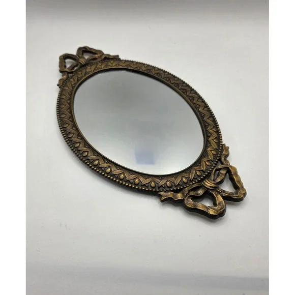 Vintage Style Oval Bronze Wall Mirror Ornate Bow Detail Hollywood Regency 10.5