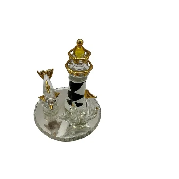 VINTAGE MIRRORED‎ GLASS LIGHTHOUSE DOLPHIN SAILBOAT GOLD TRIM