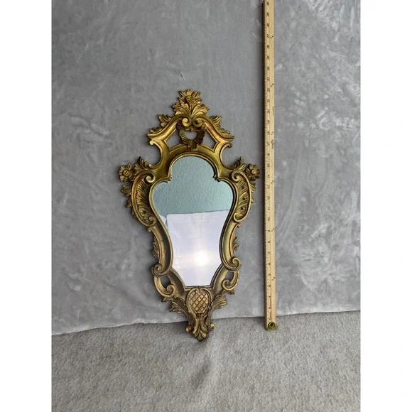 Vintage Gold Ornate Wall Mirror Baroque Rococo Style Floral Scroll 18.5x10.5in
