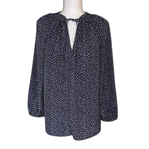 Boden Polly Blue & White Printed Tie Neck Peasant Blouse - 8