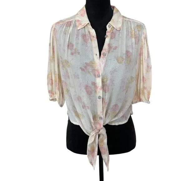 Free People Romantic Feminine 100% Rayon‎ Boho Cottagecore Puff Sleeve Blouse S