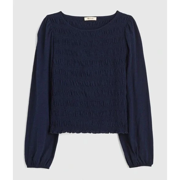 Madewell Large Smocked Boatneck Top Midnight Navy Cotton Puff Sleeves Ruffle NWT