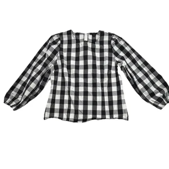 J. Crew Puff Sleeve Blouse Top Gingham Black and White Size 8 Classic Cotton