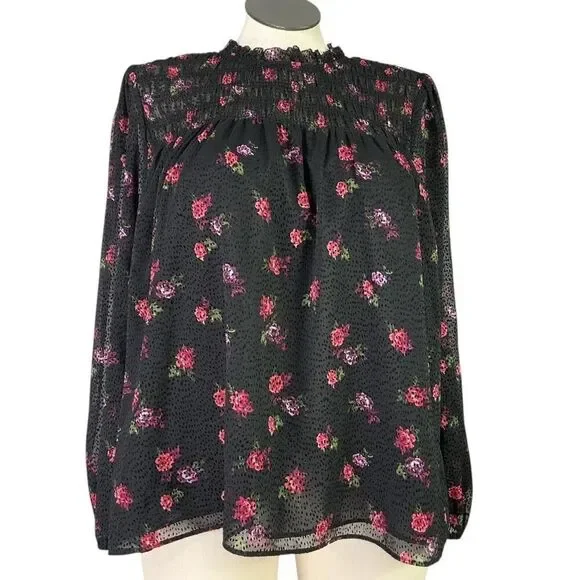Banana Republic Top Women L Black Red Floral Velvet Dot Smocked Ruffle Collar