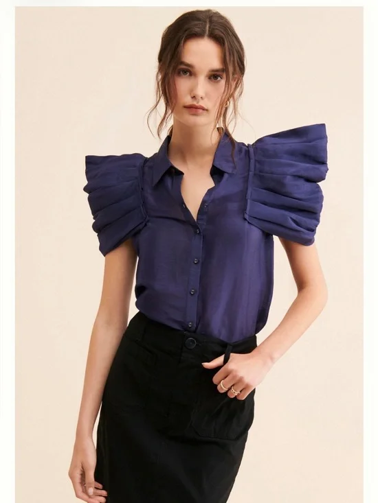 Free people  Deep Navy Pleated Puff-Sleeve Button Blouse
