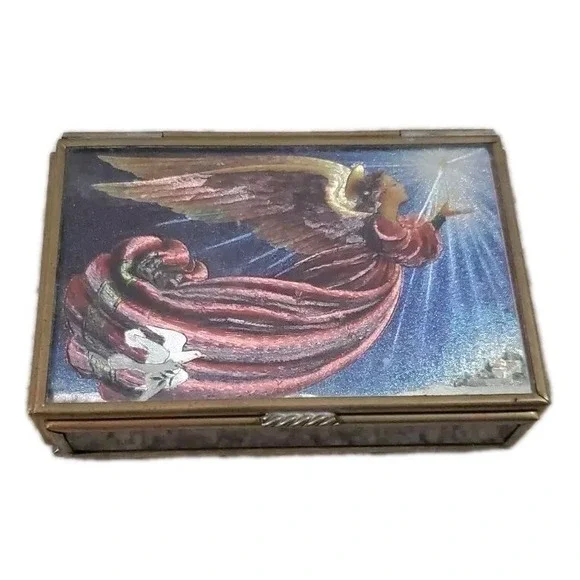 Vintage‎ Mirrored Via Vermont Glass Trinket Box Angel Doves Religious Beautiful
