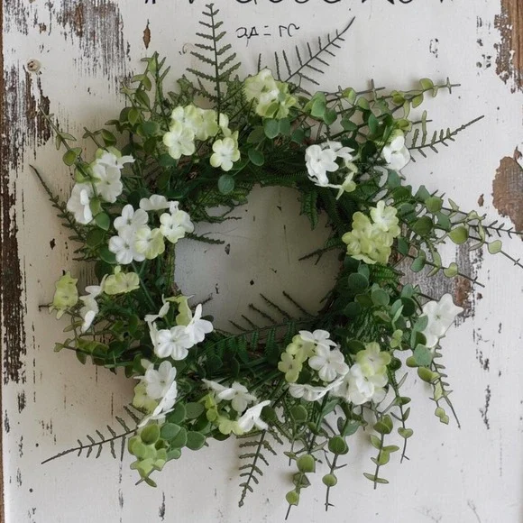 Ferns Vines Hydrangea Mini Wreath White Flowers Candle‎ Ring Wedding decor