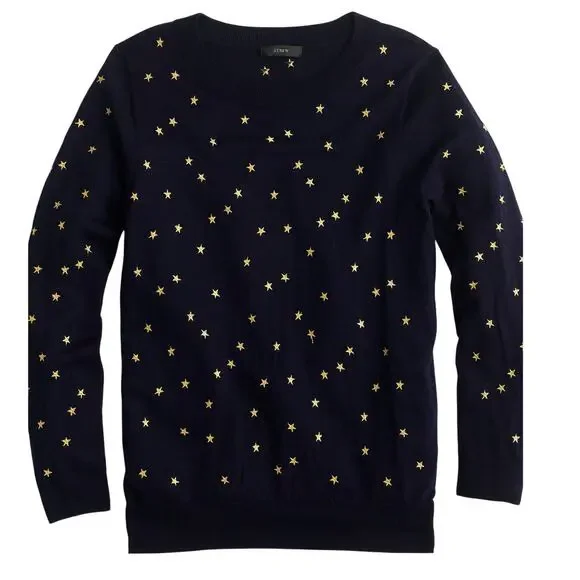 J.Crew Tippi Merino Wool Sweater Embroidered Gold Stars Navy Size Small