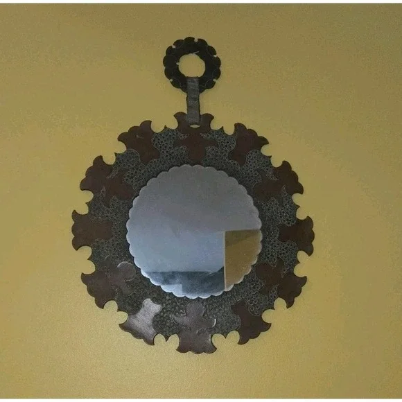Tooled Leather Round Wall Mirror Floral Boho Moroccan Folk Art Decor Vintage