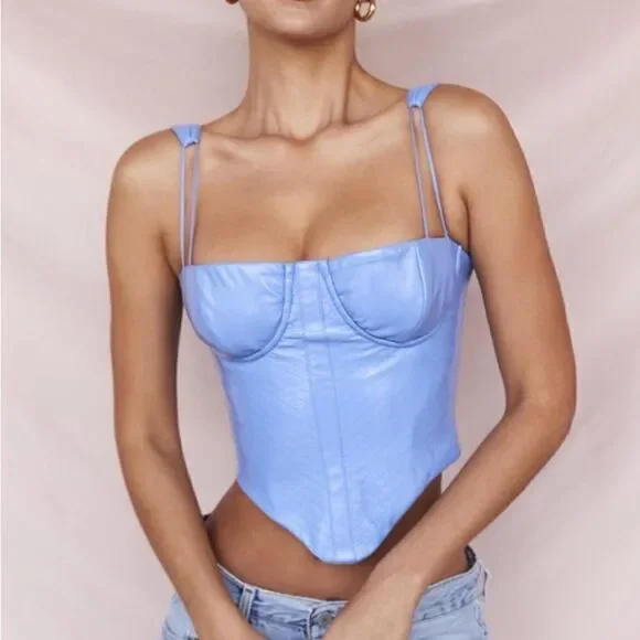 House Of Cb Melissa Vegan Leather Cornflower Blue Crop Top Corset Size XS