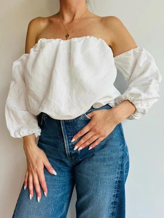 Free People Romantic White Off Shoulder Long Sleeve Peasant Boho Crop Top