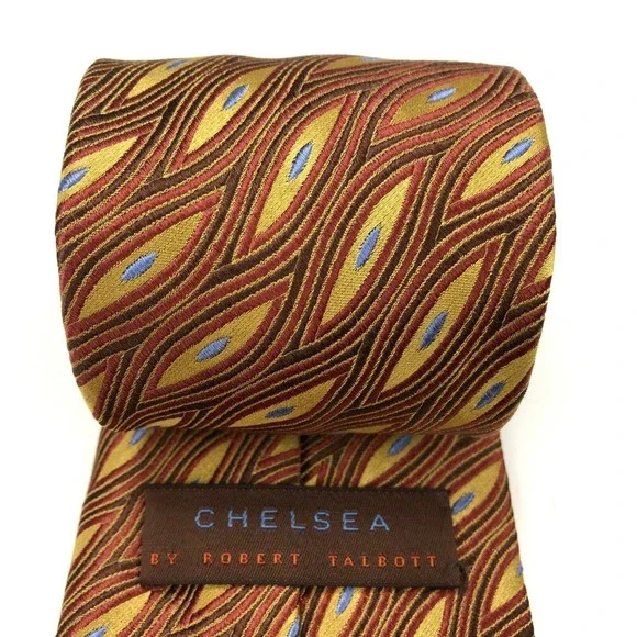 CHELSEA By Robert Talbott Geometric Brown Red Gold Blue Elegant Silk Necktie 60