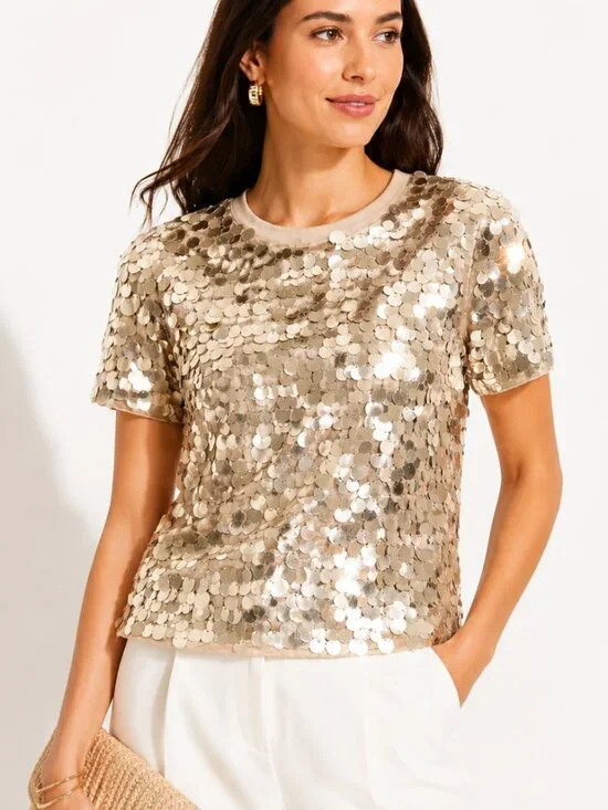 J.Crew Gold Sequin Top XS Champagne Short Sleeve Sparkle Party Blouse Wedding