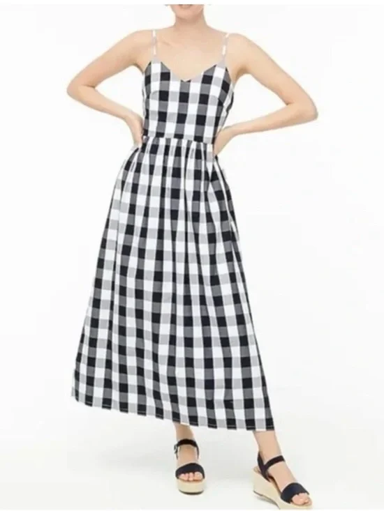 J. Crew Factory Navy and White Gingham Cotton Poplin Maxi Dress Size 12
