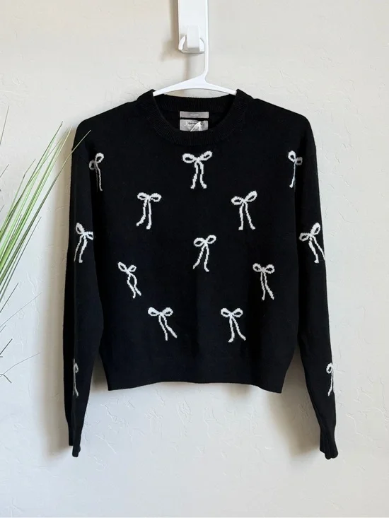 J.Crew Collection 100% Cashmere Bow Sweater Black White Ribbon Print
