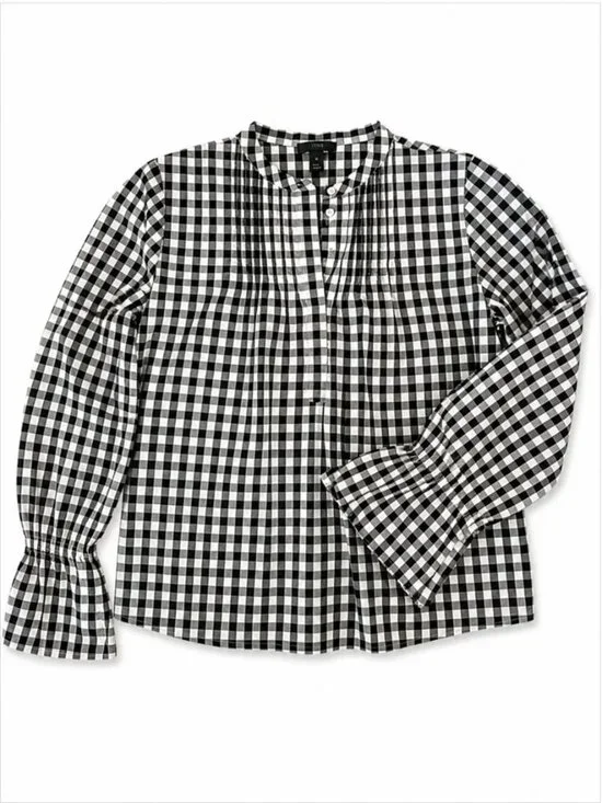 J.Crew Gingham Blouse Small Black White Ruffle Sleeve Business Casual Top