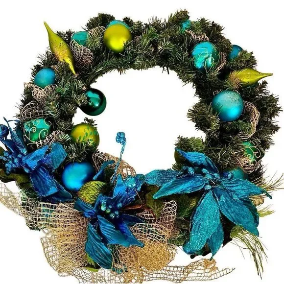 Teal, Lime, Green Bauble Wreath: Azure Poinsettias, Holiday Front Door Decor