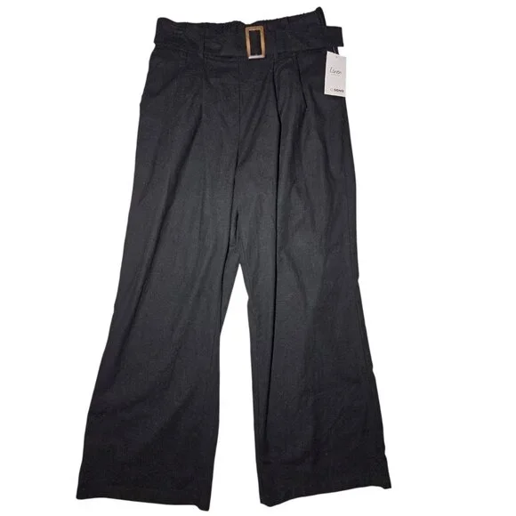 Cisono Black Wide Leg Pleated Linen Black Belted Pull On Pants Elastic Waist L