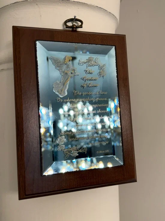 Vintage Engraved Angel Mirrored Plaque in Wood Frame - Blue Mirror
